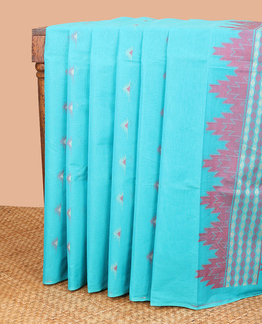 Light blue floral design coimbatore cotton saree with self border & geometric design pallu