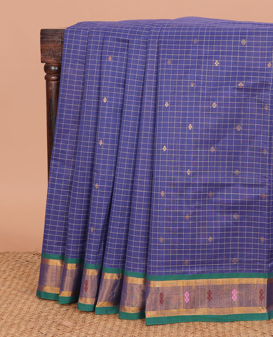 Blue checked and buttas Venkatagiri cotton saree, contrast zari and thread work border, and striped pallu