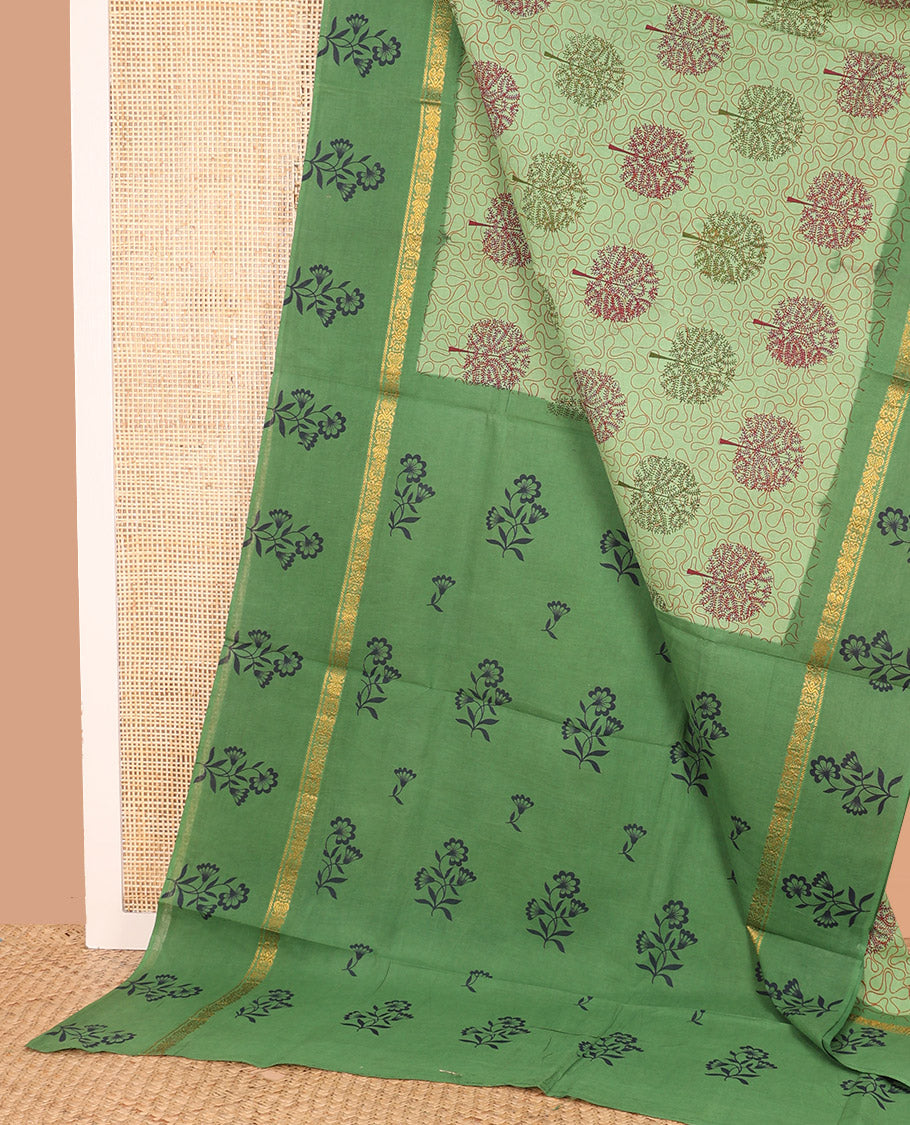 Green Sungudi Cotton Saree Decked Up with Tree Motifs and Vine Print, Highlighted by Contrast Zari and Print Work Border of Floral Print, and Pallu with Floral Print