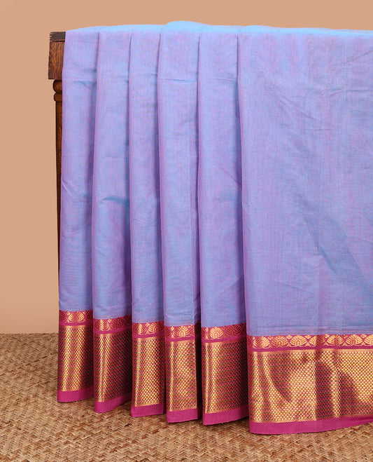 Violet plain Venkatagiri cotton saree with contrast traditional zari border, and pallu of zari stripes