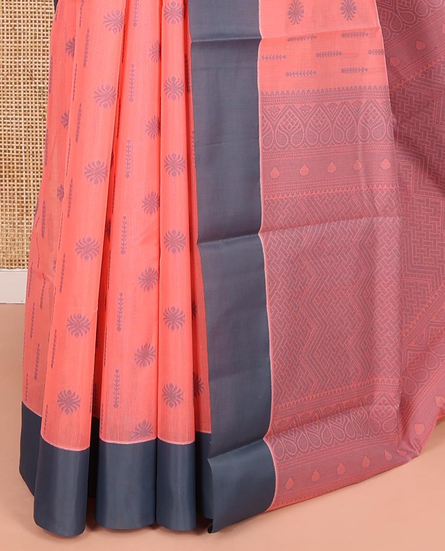 Peach Semi-Silk Cotton Saree, Sparsely Woven with Buttas All Over Its Body, Complemented by Contrast Border, Sparsely Woven Pallu of Geometric Designs, and Paired with a Matching Blouse