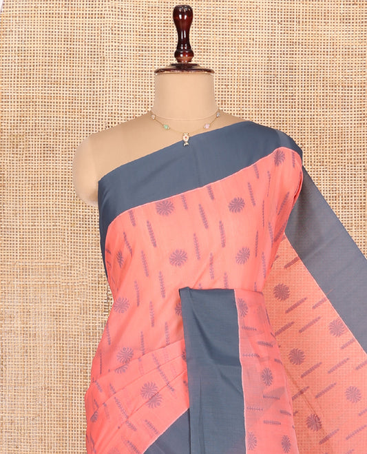 Peach Semi-Silk Cotton Saree, Sparsely Woven with Buttas All Over Its Body, Complemented by Contrast Border, Sparsely Woven Pallu of Geometric Designs, and Paired with a Matching Blouse