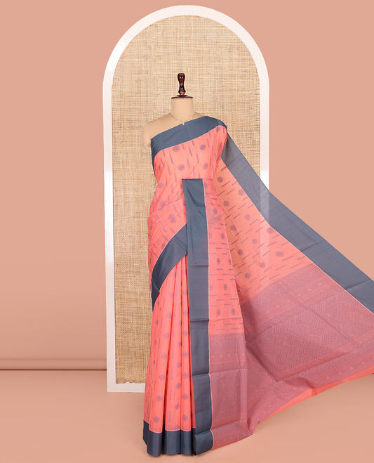 Peach Semi-Silk Cotton Saree, Sparsely Woven with Buttas All Over Its Body, Complemented by Contrast Border, Sparsely Woven Pallu of Geometric Designs, and Paired with a Matching Blouse