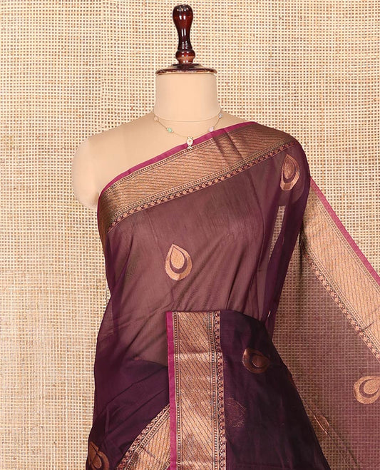 Brown Semi-Silk Cotton Saree, Detailed with Drop-Shaped Zari Buttas on Its Body, Complemented by Contrast Traditional Zari Border, Grand Pallu of Jaal Designs, and Paired with a Contrast Blouse
