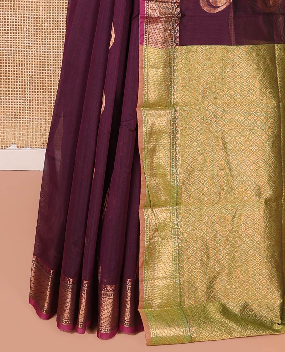 Brown Semi-Silk Cotton Saree, Detailed with Drop-Shaped Zari Buttas on Its Body, Complemented by Contrast Traditional Zari Border, Grand Pallu of Jaal Designs, and Paired with a Contrast Blouse