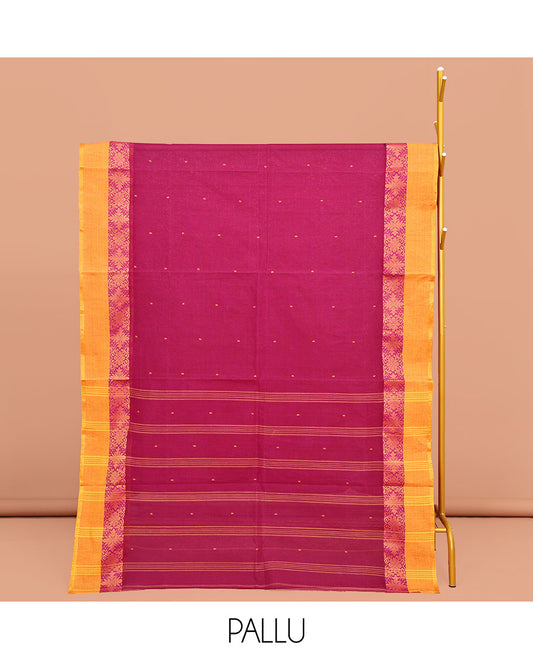 Pink Bengal Cotton Saree, Sparsely Woven with Buttas on Its Body, Complemented by a Contrast Floral Design Border, Pallu of Stripes and Buttas, and Paired with a Matching Blouse