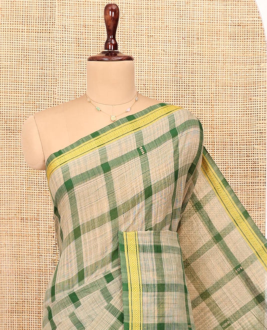 Green Andhra Cotton Saree, Embellished with Big Checked Design All Over Its Body, Subtly Sparked with a Traditional Border, Pallu of Stripes, and Paired with a Matching Blouse
