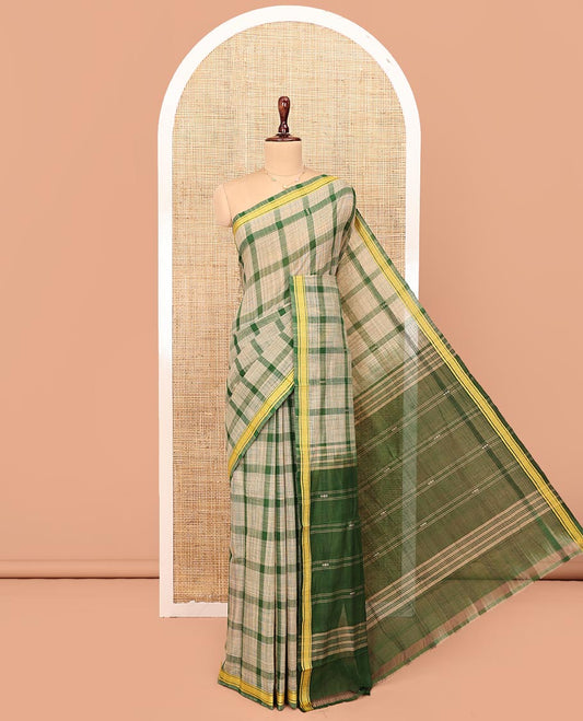 Green Andhra Cotton Saree, Embellished with Big Checked Design All Over Its Body, Subtly Sparked with a Traditional Border, Pallu of Stripes, and Paired with a Matching Blouse