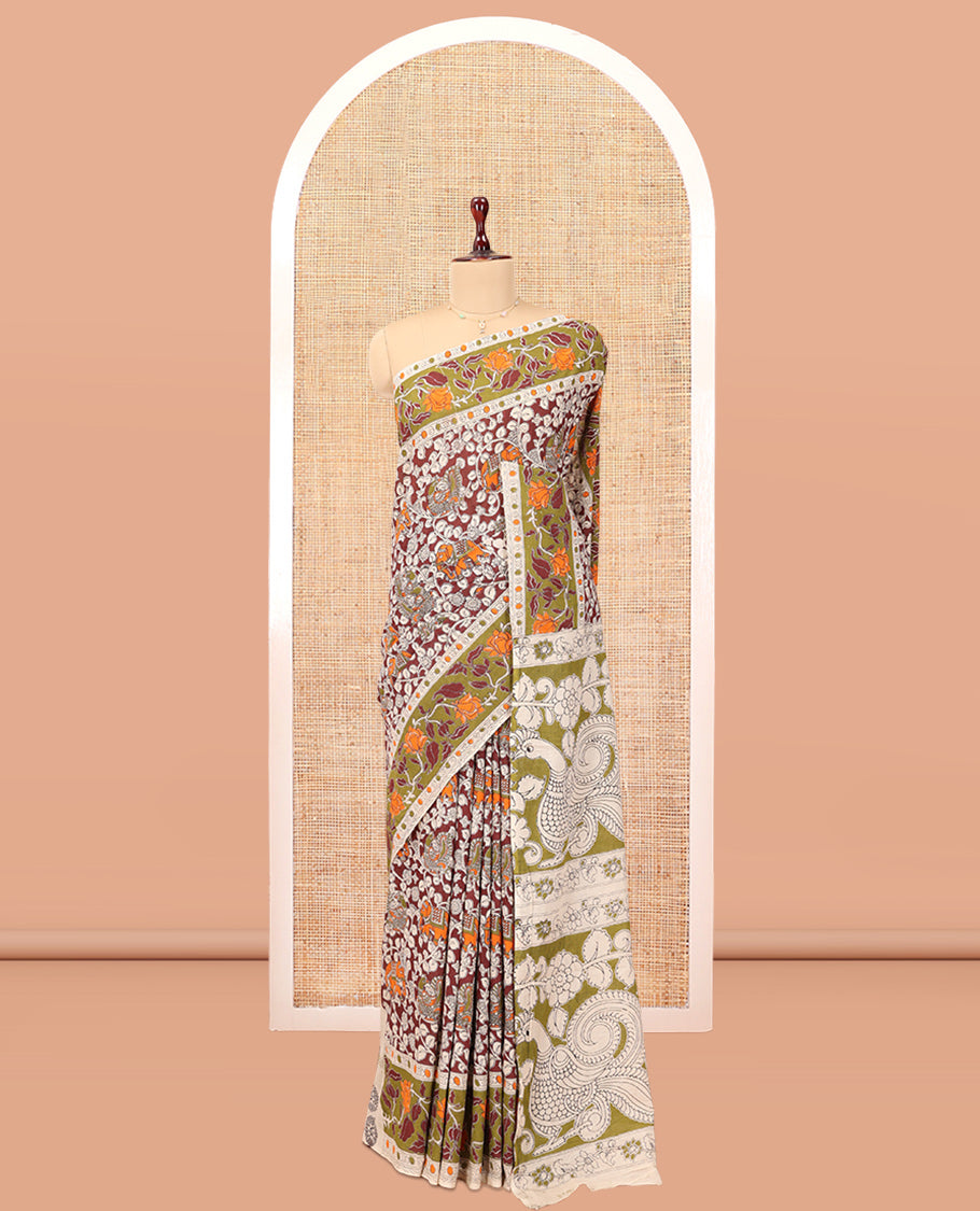 Red Kalamkari Cotton Saree, Adorned with Floral Vine Print, Contrast Printed Border, Kalamkari Peacock Motifs Pallu, and a Contrast Blouse