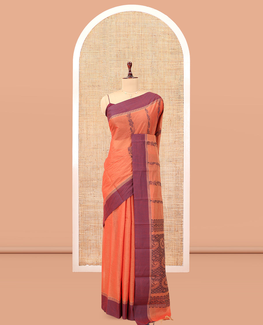 Orange Kanchi Cotton Saree, Woven with Floral Designs, a Contrast Border, Paisley Pallu, and a Matching Blouse