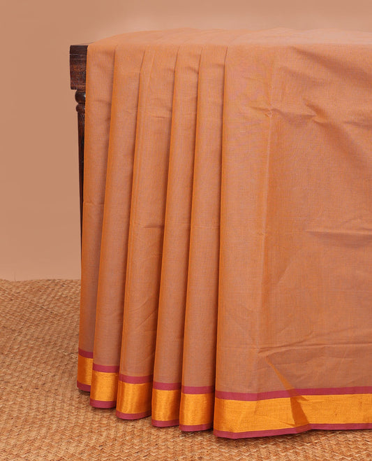Light brown venkatagiri cotton saree with contrast zari border & striped pallu