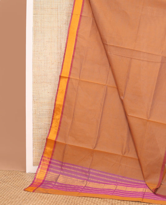 Light brown venkatagiri cotton saree with contrast zari border & striped pallu