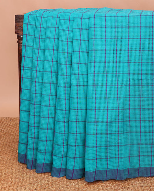 Blue checked mangalagiri cotton saree with contrast striped border & checked pallu