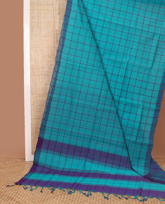 Blue checked mangalagiri cotton saree with contrast striped border & checked pallu