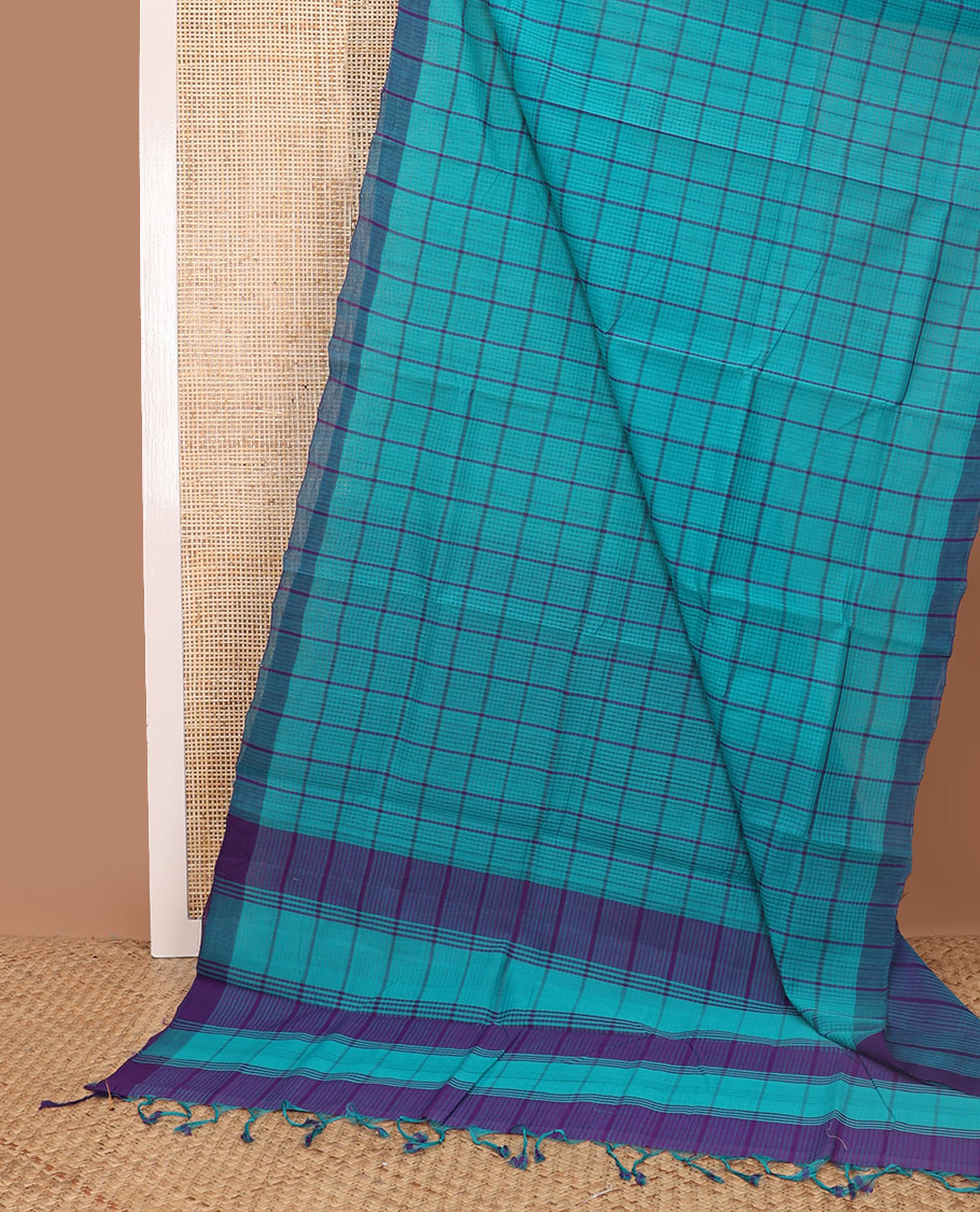 Blue checked mangalagiri cotton saree with contrast striped border & checked pallu