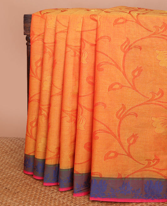 Orange floral design Coimbatore cotton saree, contrast floral design border & pallu of floral designs