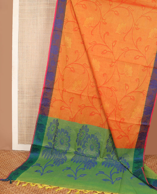 Orange floral design Coimbatore cotton saree, contrast floral design border & pallu of floral designs