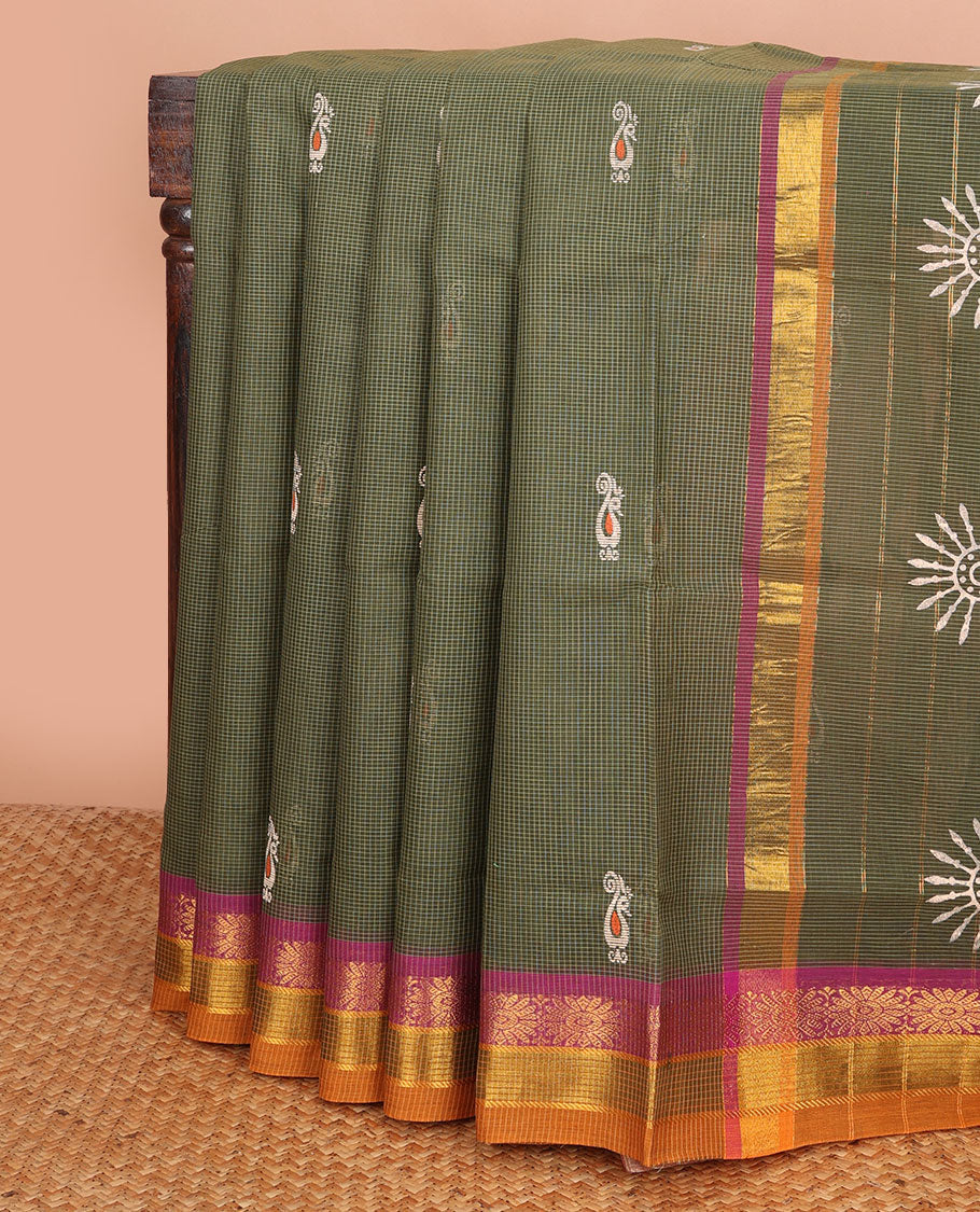 Green micro-checked & peacock buttas Andhra cotton saree, contrast zari border & pallu of zari stripes & chakram motifs