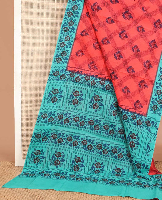 Pink floral motifs & jaal printed Sungudi cotton saree, contrast border & pallu of rose motifs print