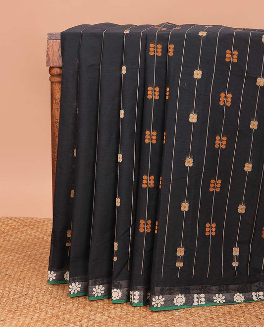 Black floral stripes Coimbatore cotton saree, contrast butta border, and pallu steeped with traditional designs