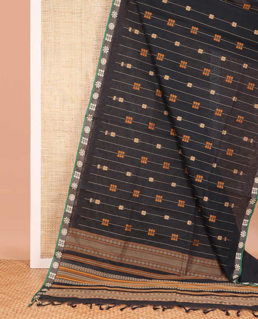 Black floral stripes Coimbatore cotton saree, contrast butta border, and pallu steeped with traditional designs