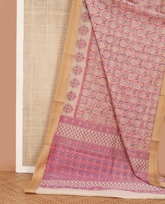 Pink intricately printed chanderi cotton saree, contrast traditional motifs with thread embroidered floral bouquet, and printed pallu