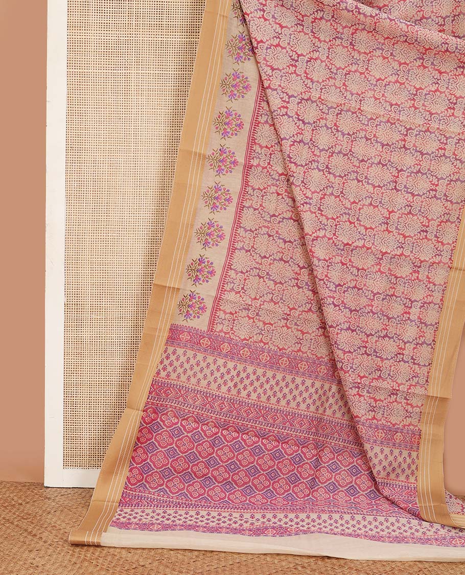 Pink intricately printed chanderi cotton saree, contrast traditional motifs with thread embroidered floral bouquet, and printed pallu