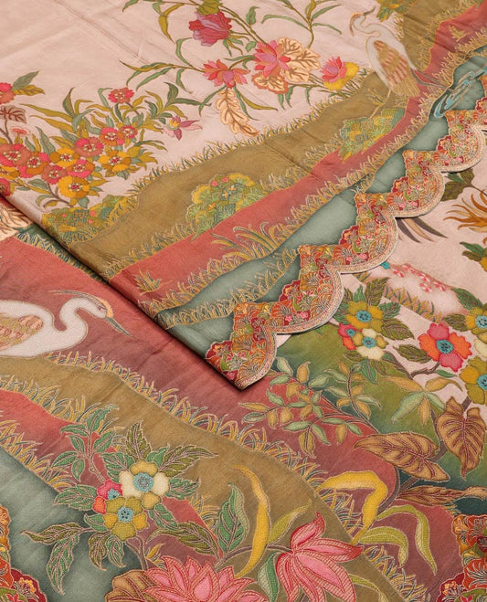 Pastel brown, colorful floral vine, and birds printed dola saree, scallop floral printed border, and floral vine, and birds printed pallu