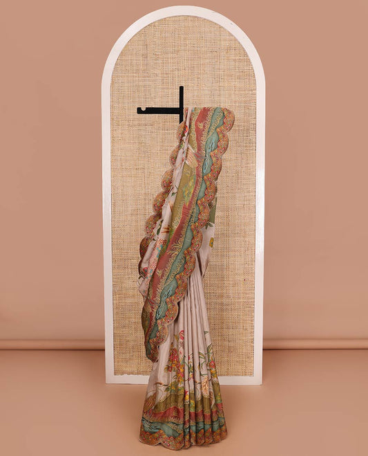 Pastel brown, colorful floral vine, and birds printed dola saree, scallop floral printed border, and floral vine, and birds printed pallu