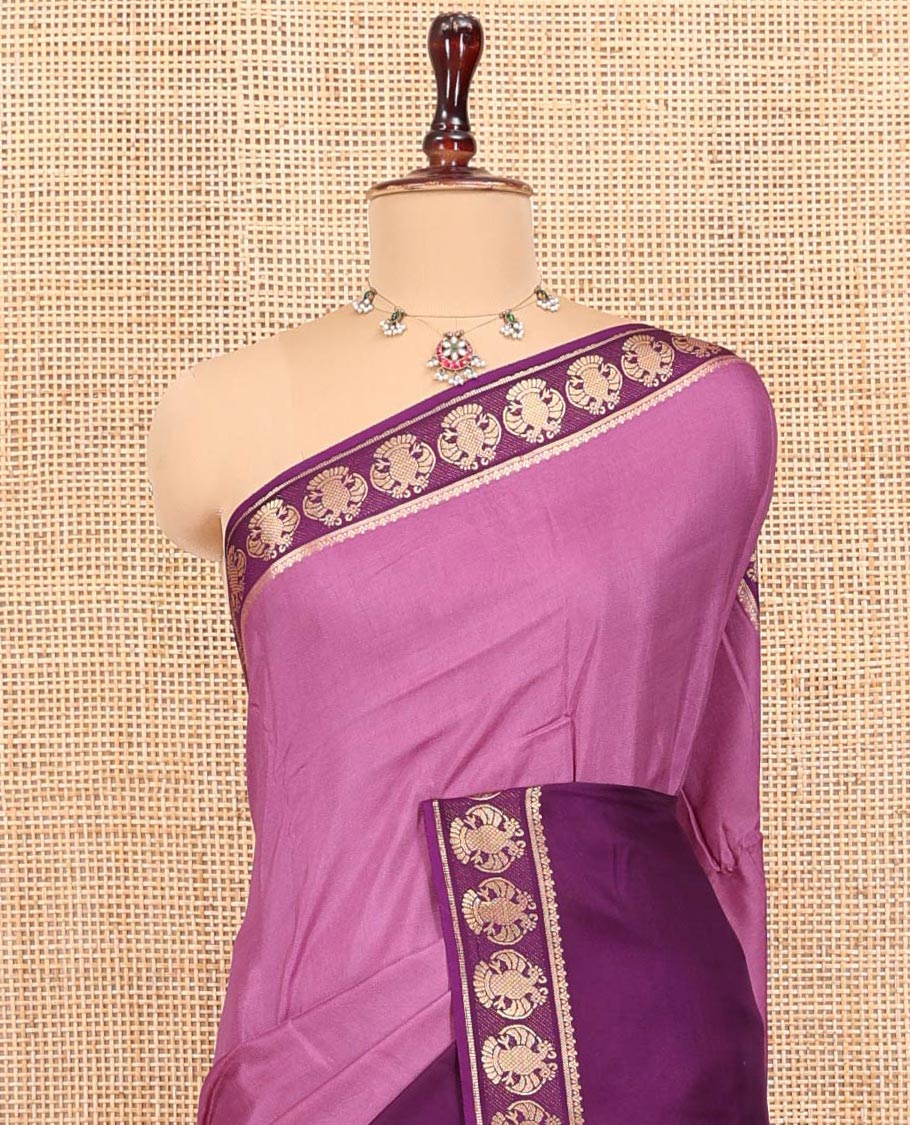 Onion Pink Plain Dola Silk Saree, Complemented by Contrast Rettai Pettu Ganda Berunda Motifs, Zari Border, Gleaming Zari Striped Pallu, and Paired with a Contrast Blouse