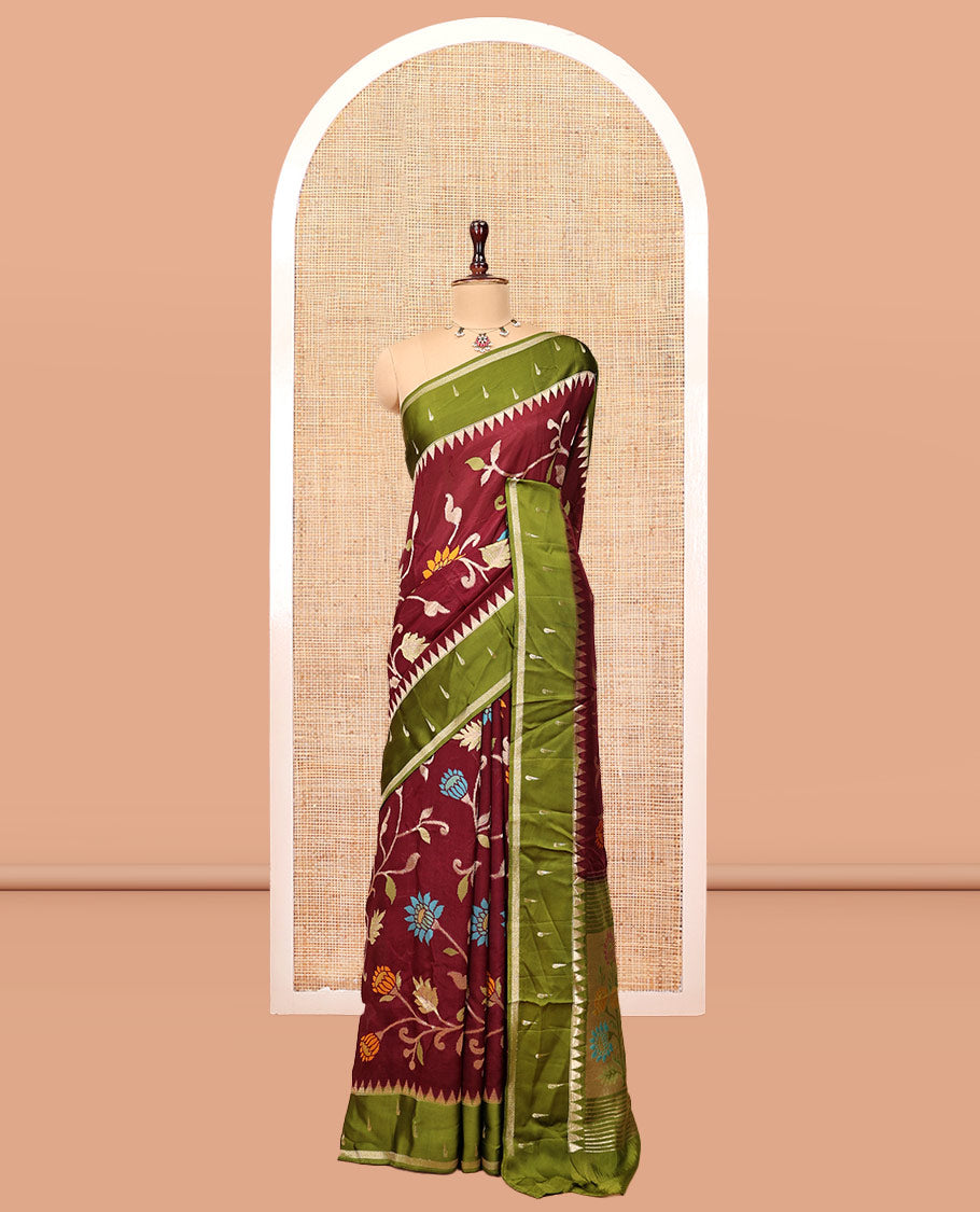 Wine Paithani Floral Organza Saree, Contrast Border and Blouse