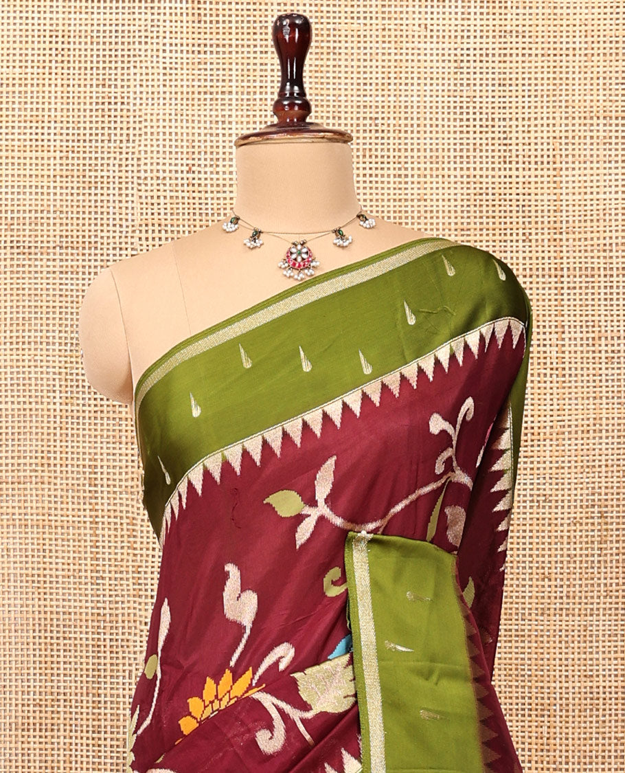 Wine Paithani Floral Organza Saree, Contrast Border and Blouse