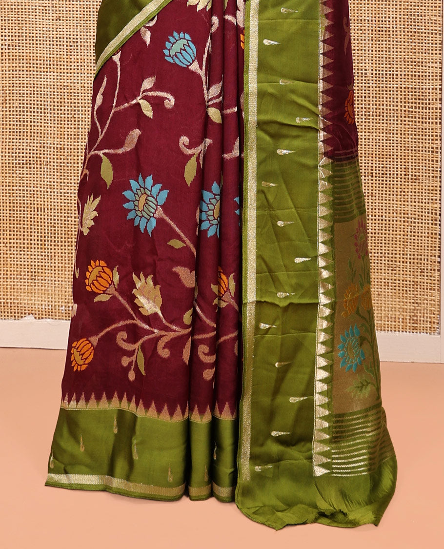 Wine Paithani Floral Organza Saree, Contrast Border and Blouse