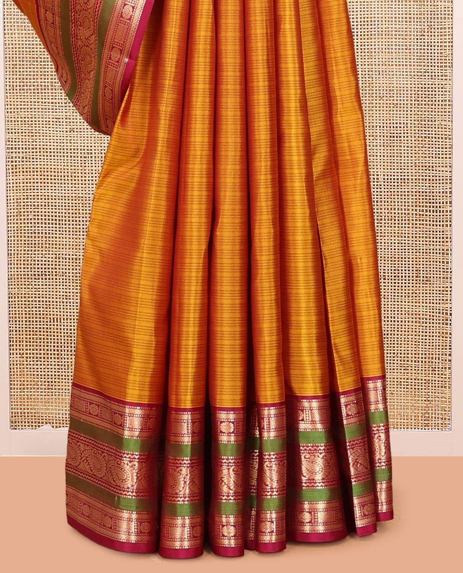 Mustard Striped Vasundhara Silk Saree, Contrast Traditional Border, Jaal Pallu, and Contrast Blouse
