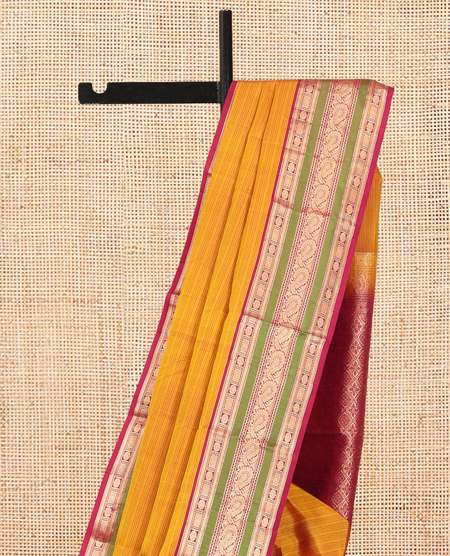 Mustard Striped Vasundhara Silk Saree, Contrast Traditional Border, Jaal Pallu, and Contrast Blouse