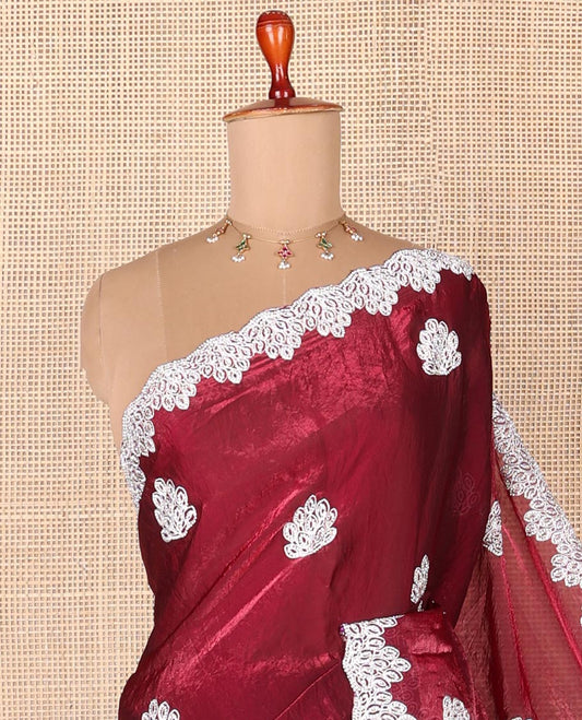 Maroon designer saree with silver embroidery thread, intricate motifs  & scallop embroidery boder