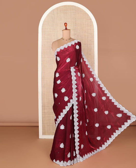 Maroon designer saree with silver embroidery thread, intricate motifs  & scallop embroidery boder