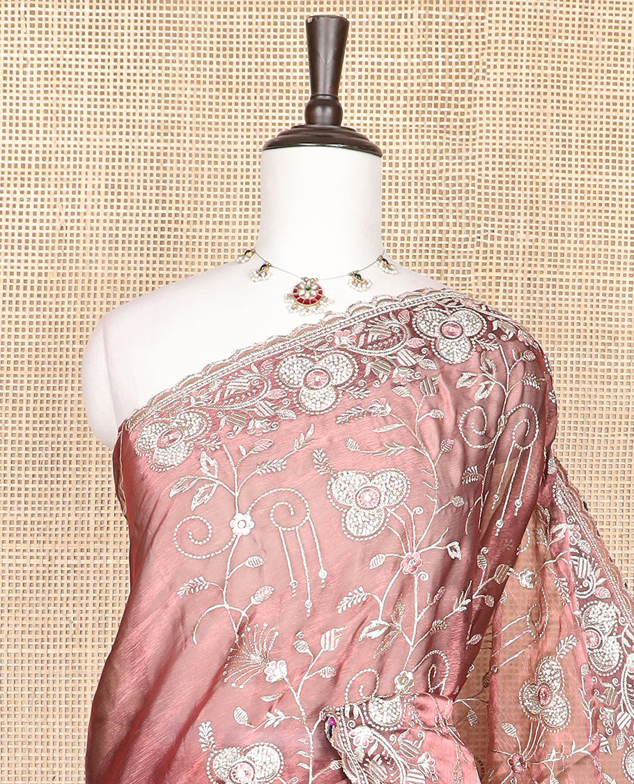 Onion pink floral vine thread embroidered designer saree, scallop border of floral vine thread embroidery