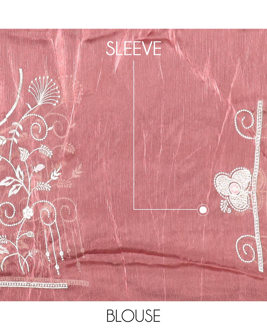 Onion pink floral vine thread embroidered designer saree, scallop border of floral vine thread embroidery