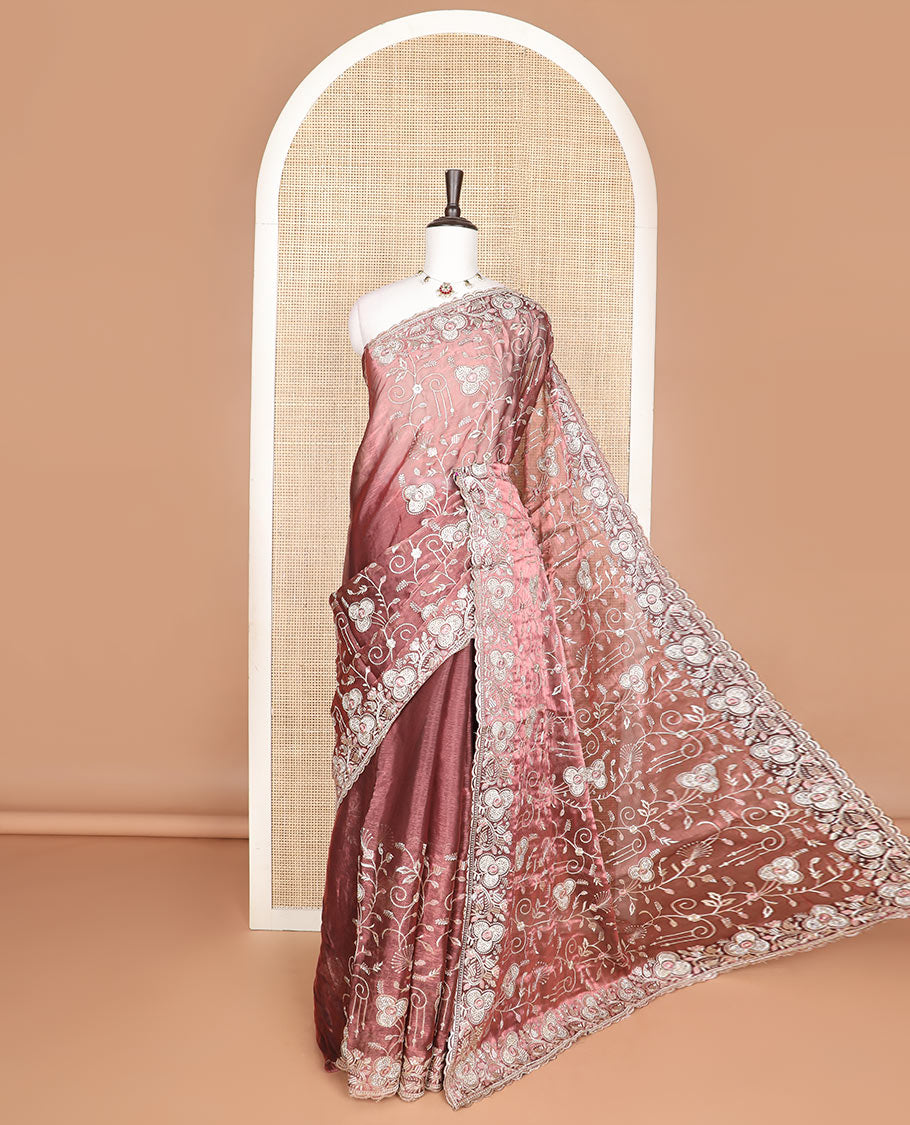 Onion pink floral vine thread embroidered designer saree, scallop border of floral vine thread embroidery
