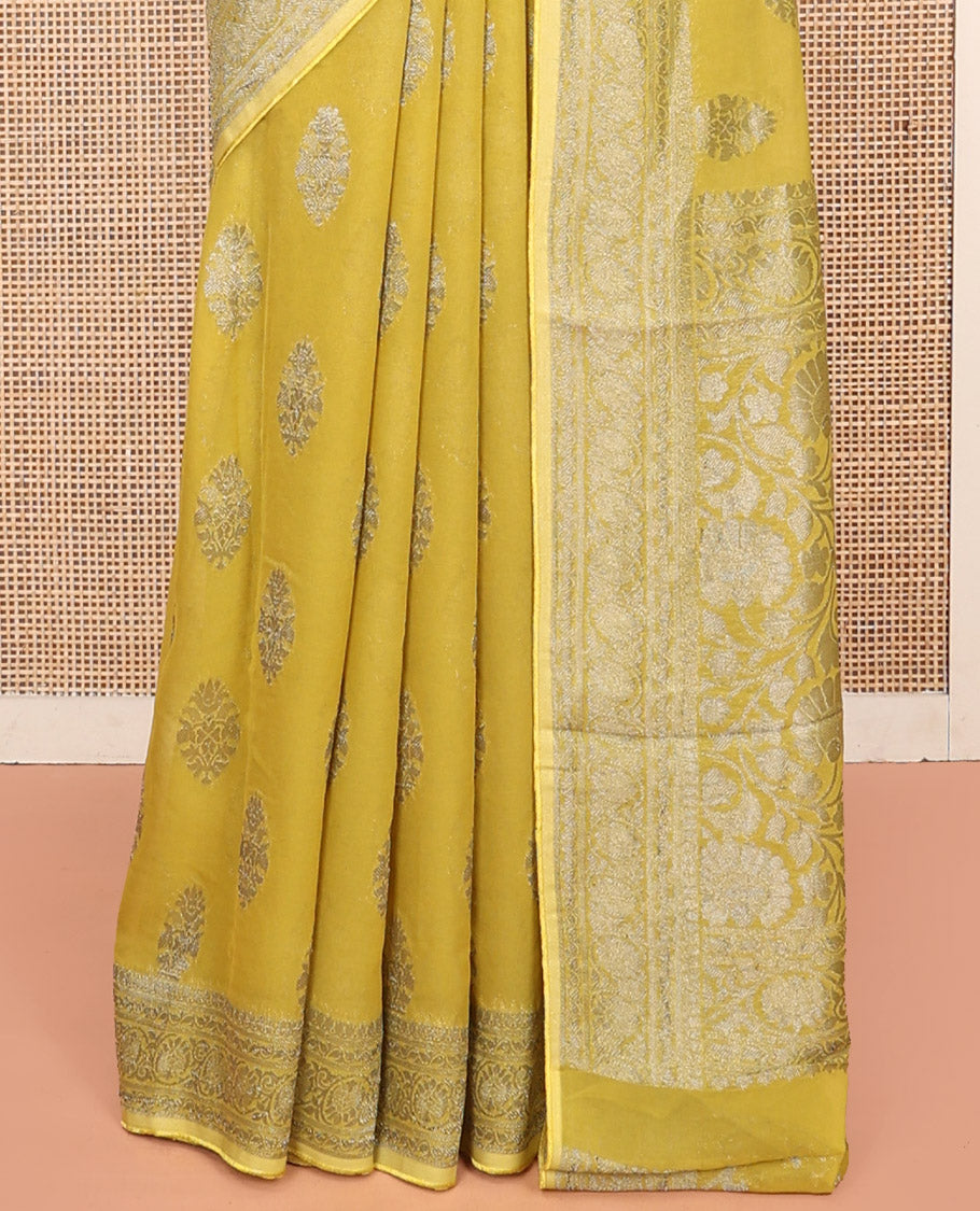 Yellow Georgette Saree, Elevated with Buttas, Highlighted by a Traditional Border, Floral Jaal Pallu, and a Matching Blouse