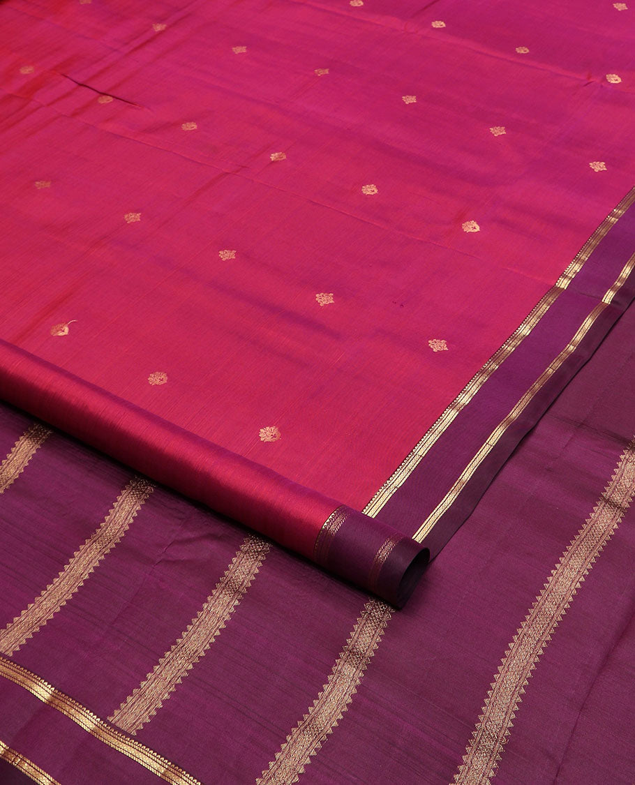 Red zari buttas nine-yard silk saree, contrast rettai pettu border of rekku, and mayil kann, and zari design pallu