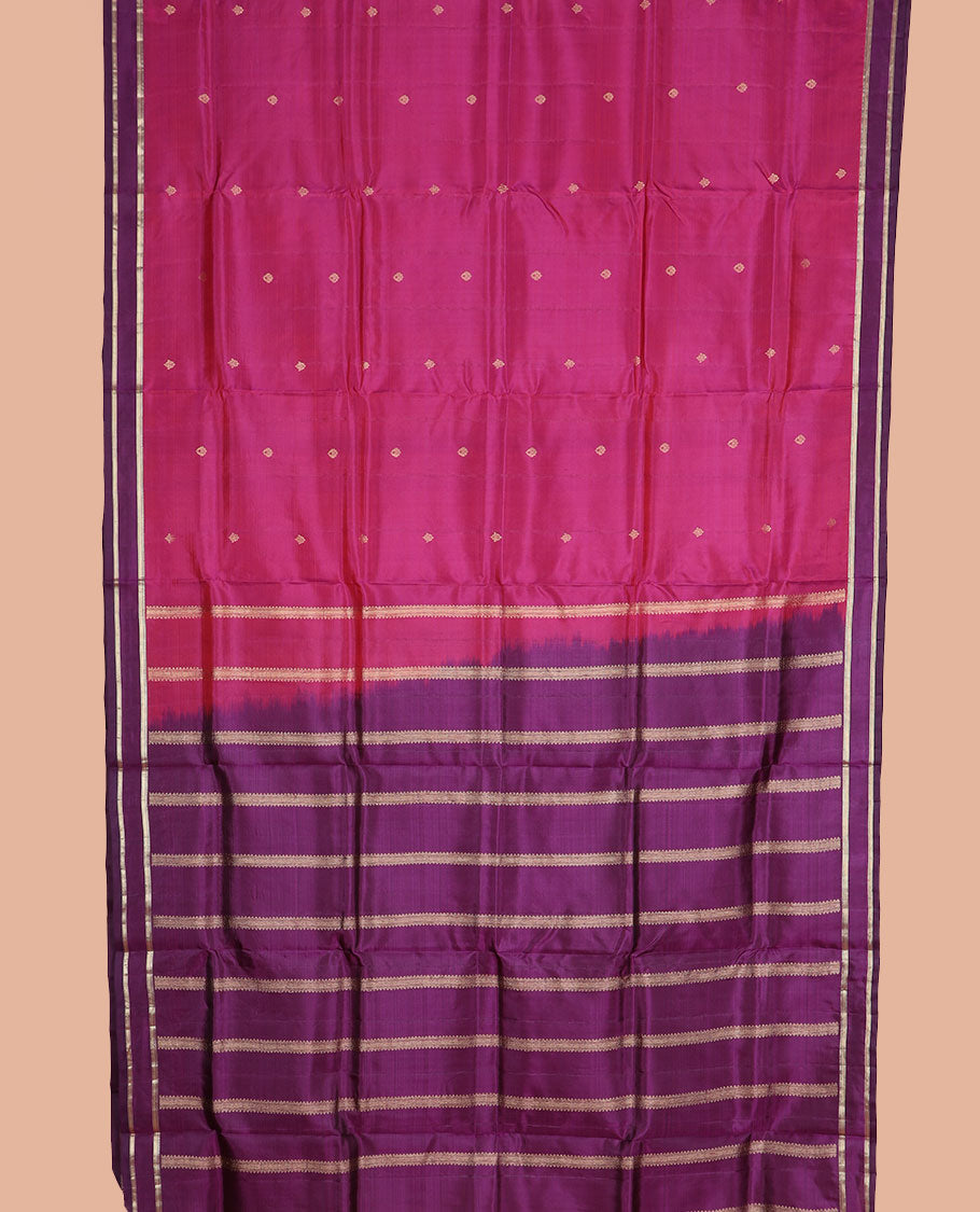 Red zari buttas nine-yard silk saree, contrast rettai pettu border of rekku, and mayil kann, and zari design pallu