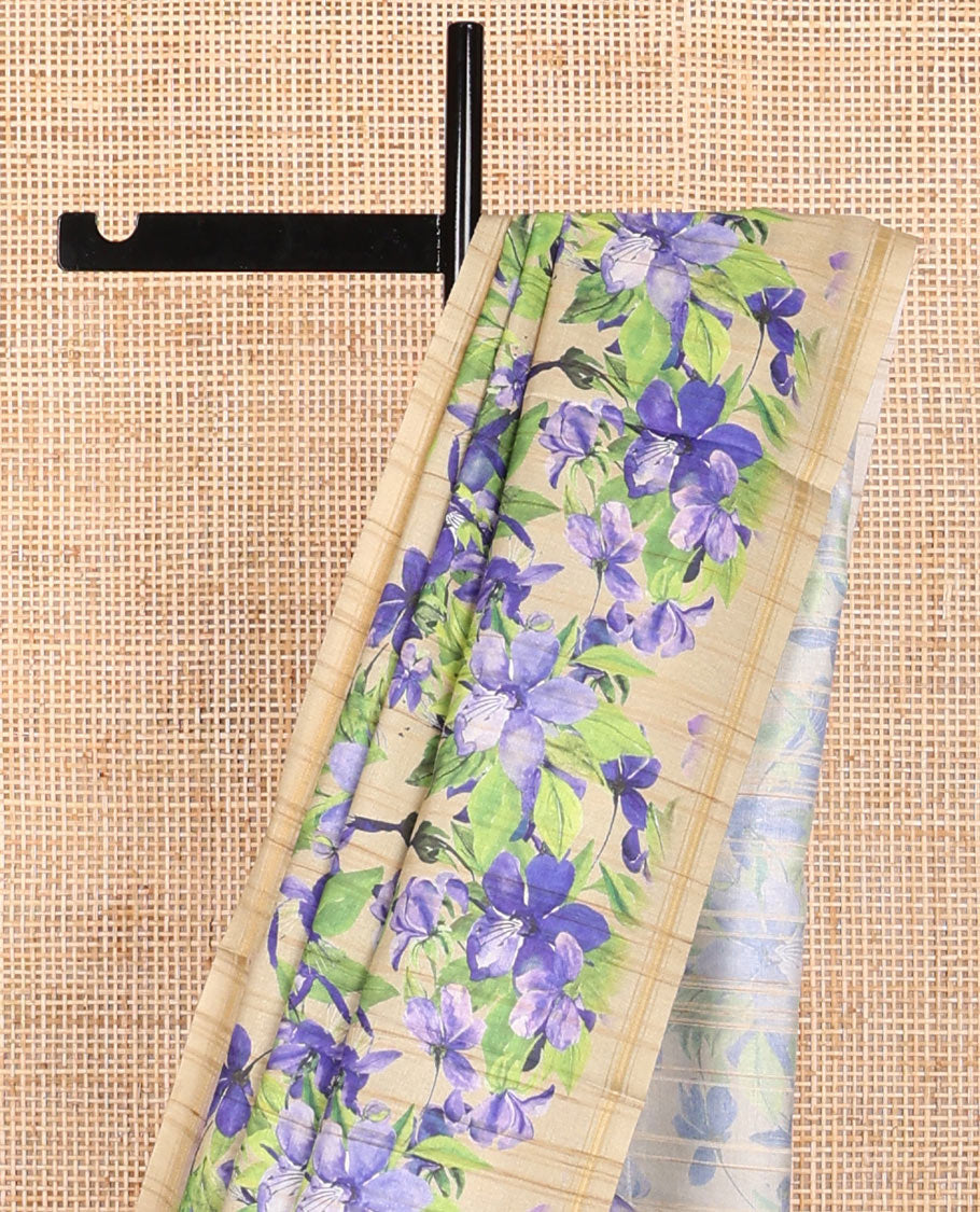 Light brown floral print kamala silk saree with self border &  plain blouse