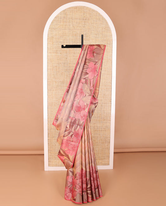 Sandal geometric design kanchipuram designer silk saree with self floral design border & geometric design pallu