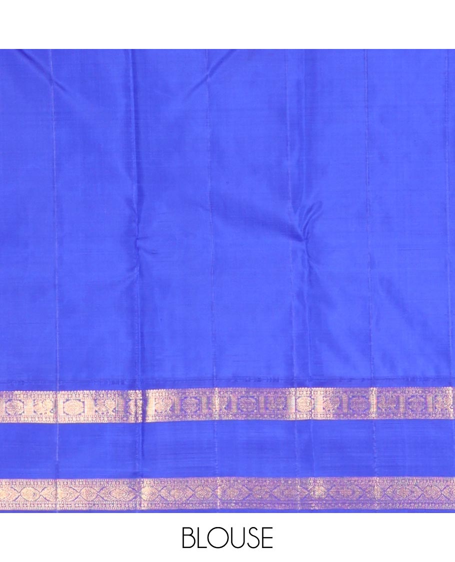 Red buttas kancheepuram silk saree with contrast rettai pettu border of poo chakram, mayil design & floral design pallu