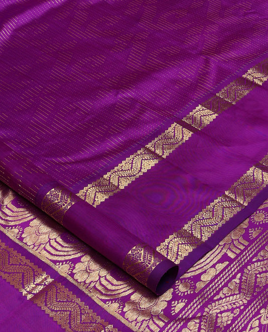 Purple zari buttas Kanchipuram silk saree, one-sided zari border of rekku, banaras, and neli designs, and floral design pallu