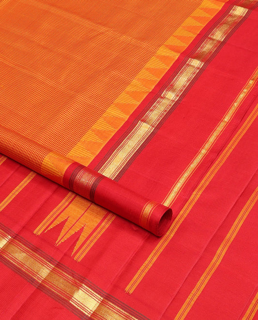 Orange micro-checked kanchipuram silk saree, contrast thazampoo rekku rettai pettu border of muthu & kathir designs & pillaiyar mokku pallu