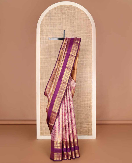 Pink jacquard tissue silk saree, contrast rettai pettu border of muthu, diamond, banaras & rudraksham designs & jaal pallu