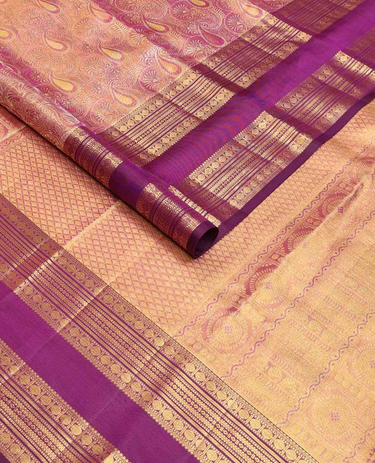 Pink jacquard tissue silk saree, contrast rettai pettu border of muthu, diamond, banaras & rudraksham designs & jaal pallu
